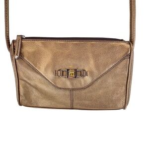 Tignanello Bronze Metallic Leather Tri Fold Bag Organizer 10 x 7 Flaw Glam Chic